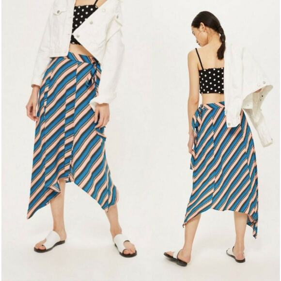 Topshop Striped A-line Asymmetrical Tie Waist Skirt Blue Pink Size 2 - Picture 1 of 5